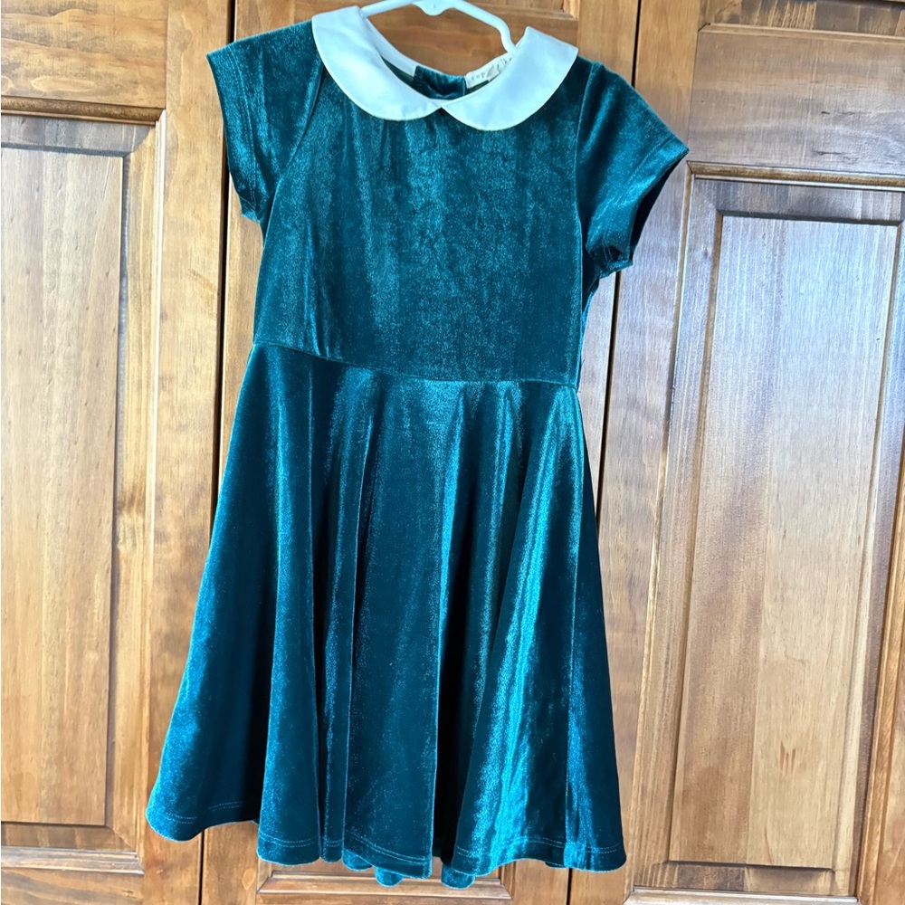 Copper Key Emerald Velvet Dress with White Collar